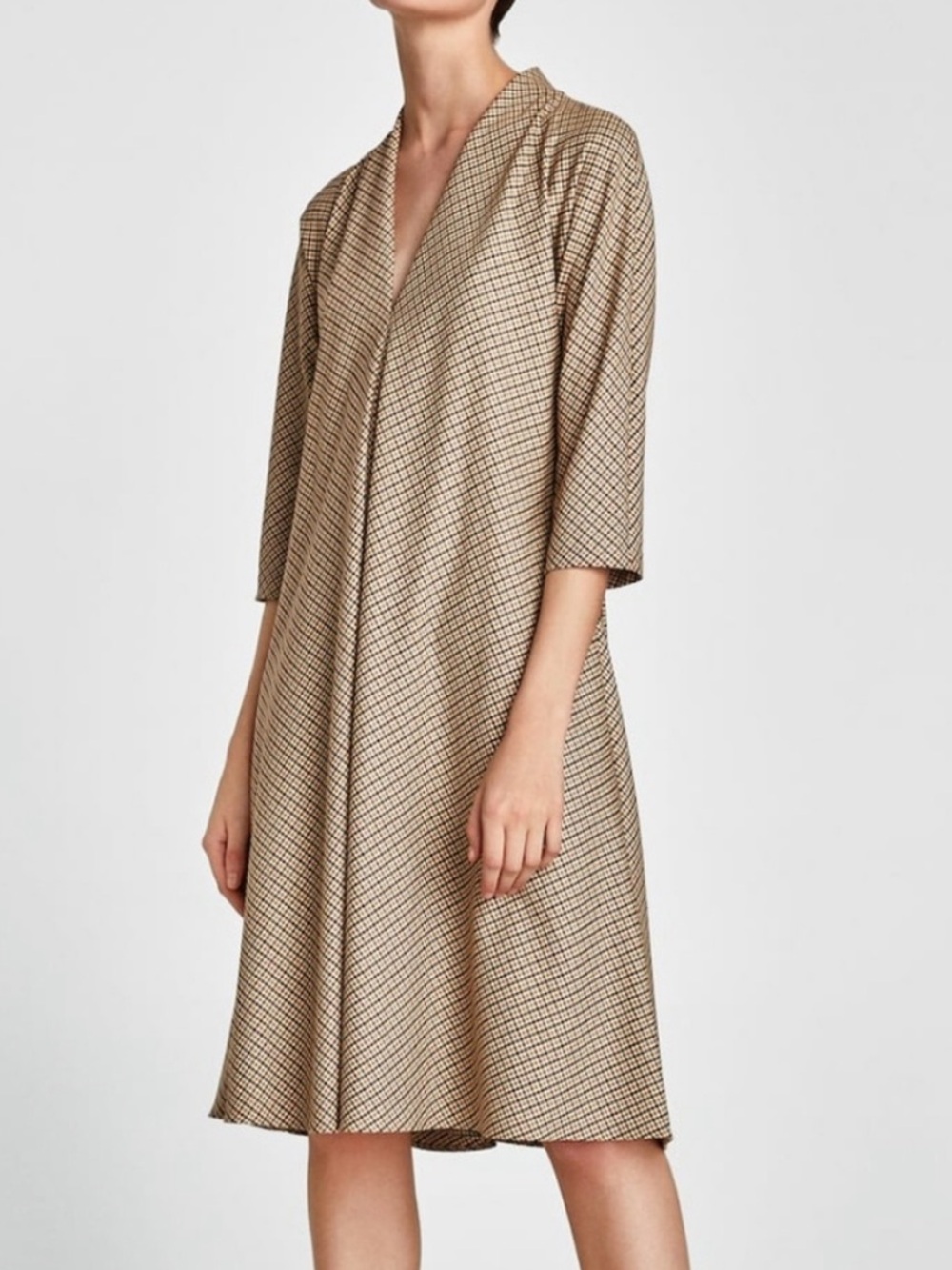 Zara Beige and Brown Checked V‑Neck Midi Dress